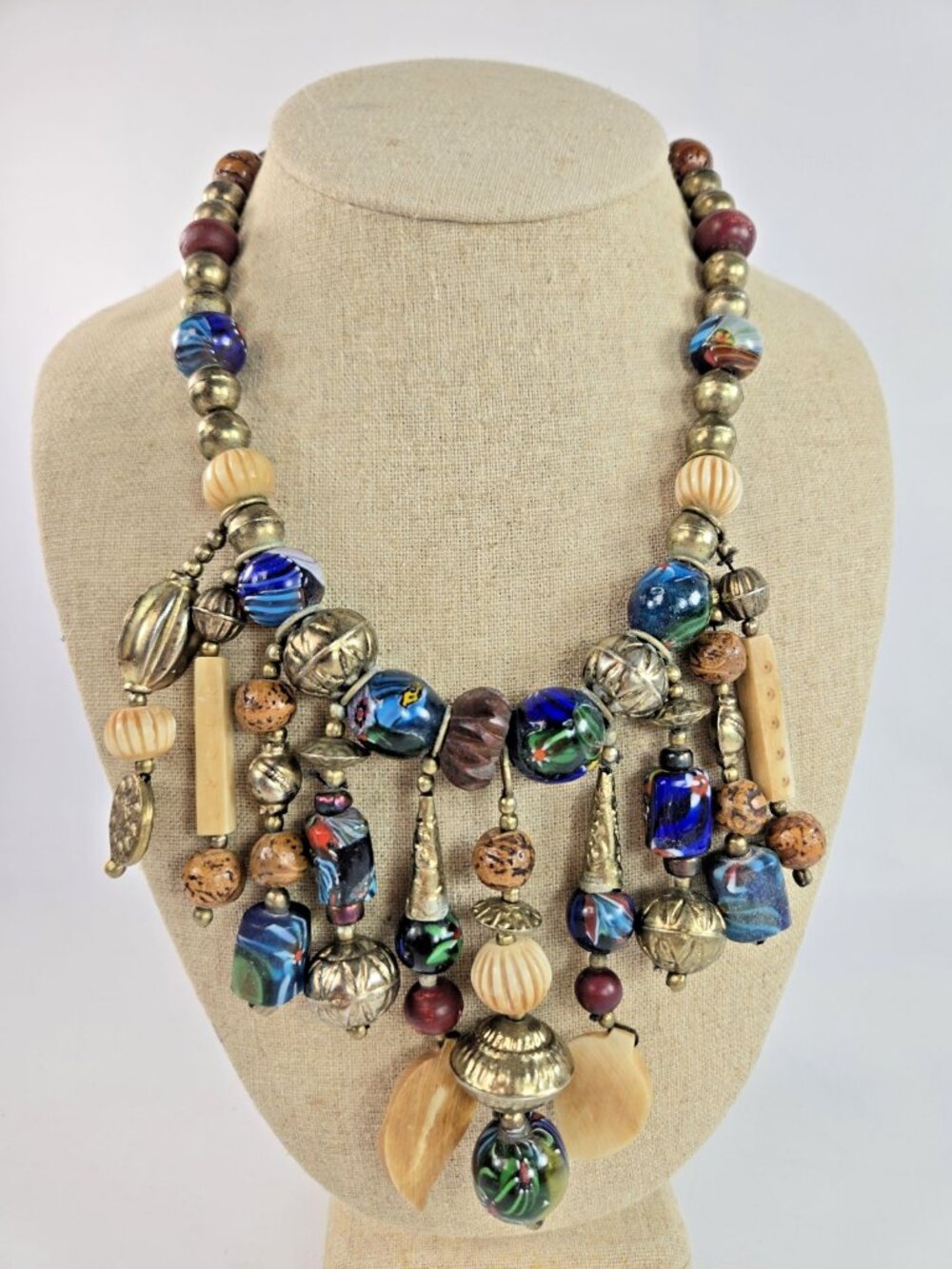 Artisan Statement Necklace OOAK Chunky Beaded Boho Festival Bib Fringe Dangle